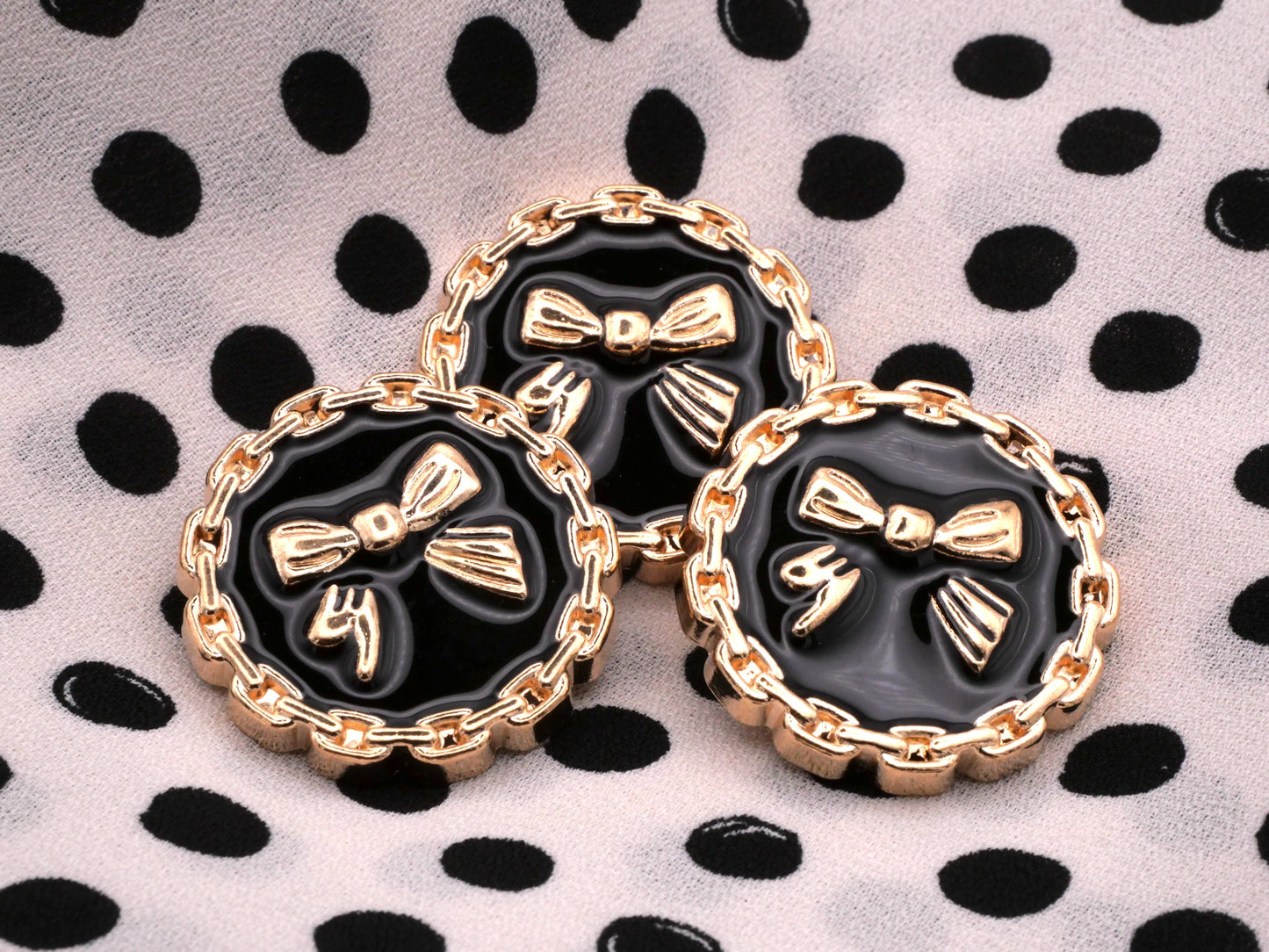 Bow Black Enamel Gold Chain Button 25mm