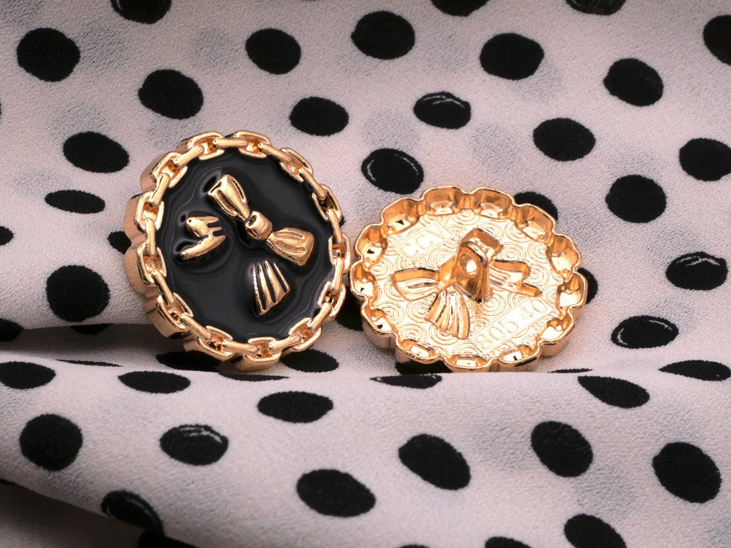 Bow Black Enamel Gold Chain Button 25mm