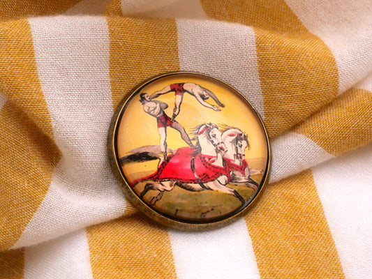 Circus Performers Horses Glass Dome Bronze Metal Button 28mm