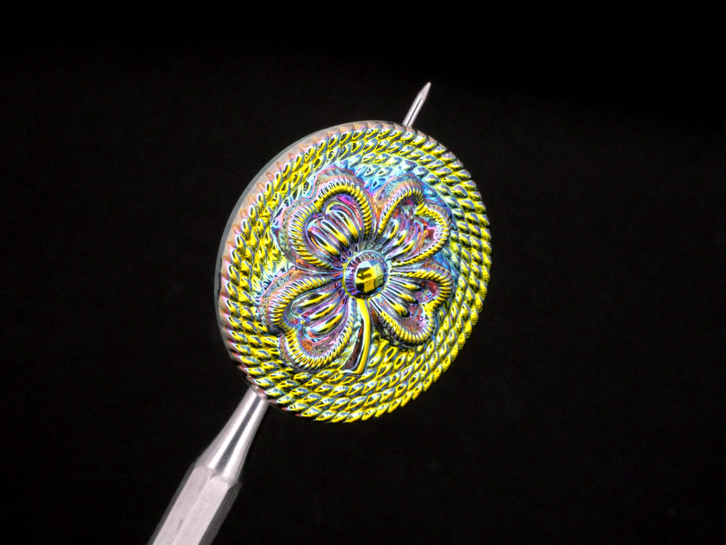Four Leaf Clover Czech Glass Rope Design Iridescent Uranium Button 27mm