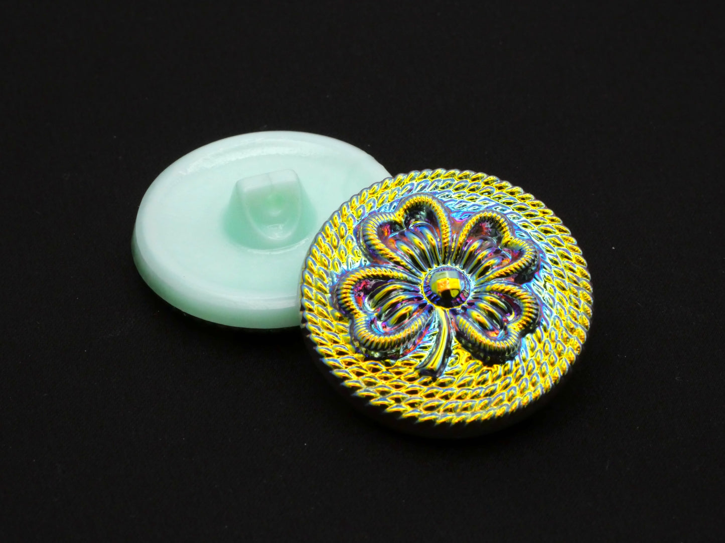 Four Leaf Clover Czech Glass Rope Design Iridescent Uranium Button 27mm