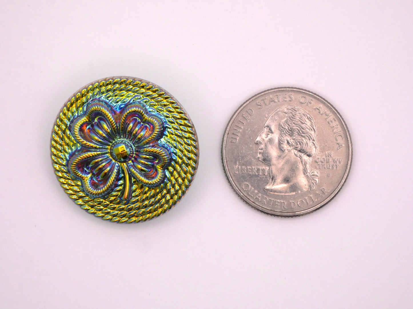 Four Leaf Clover Czech Glass Rope Design Iridescent Uranium Button 27mm