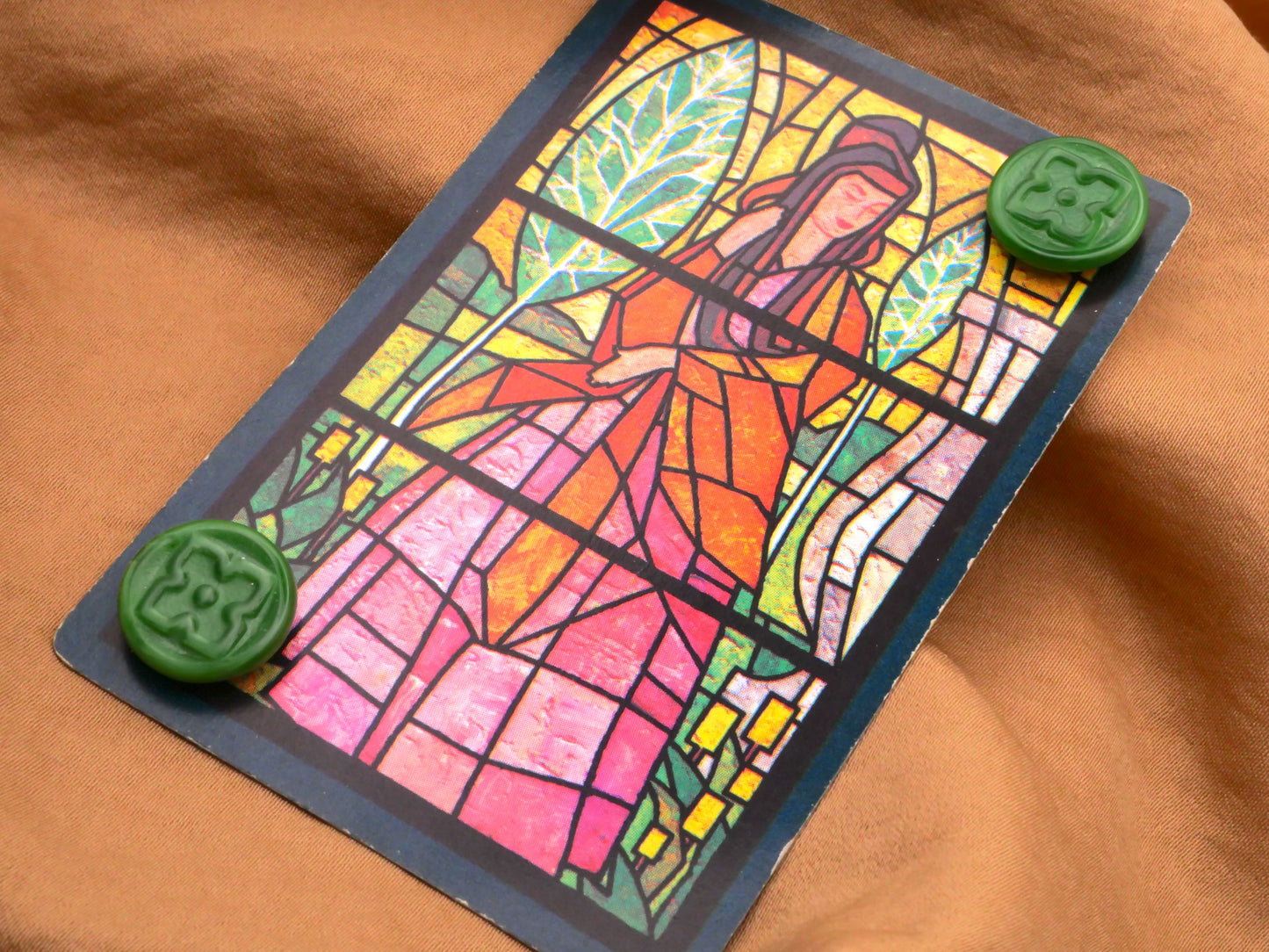 Clover Green Glass Carded Stained Glass Lady Playing Card Pair of Buttons 14mm