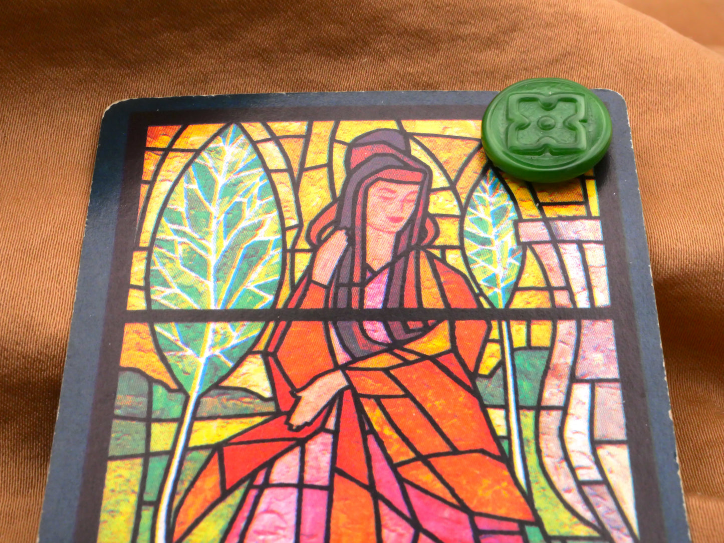 Clover Green Glass Carded Stained Glass Lady Playing Card Pair of Buttons 14mm