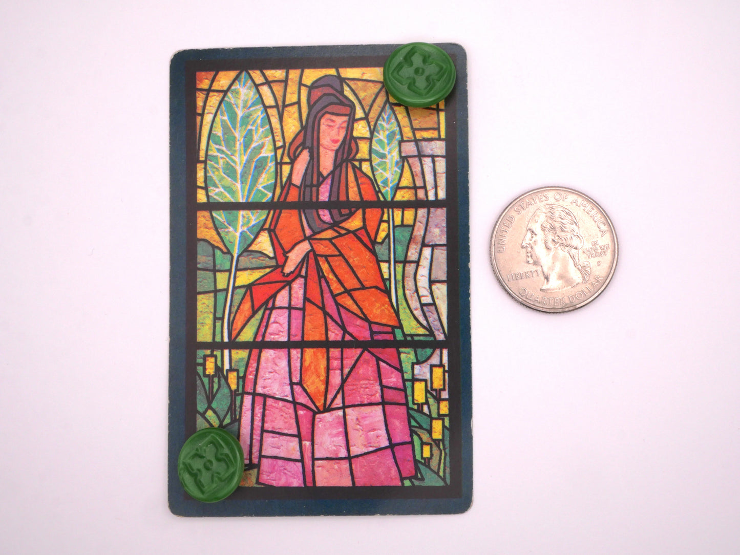 Clover Green Glass Carded Stained Glass Lady Playing Card Pair of Buttons 14mm