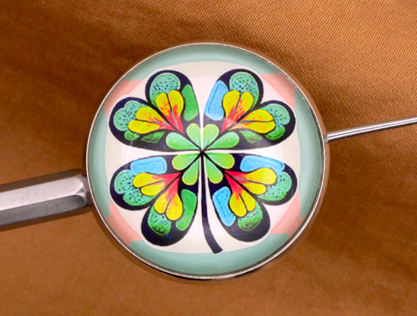 Clover Four-Leaf Kaleidoscope Irish Glass Dome Button 27mm