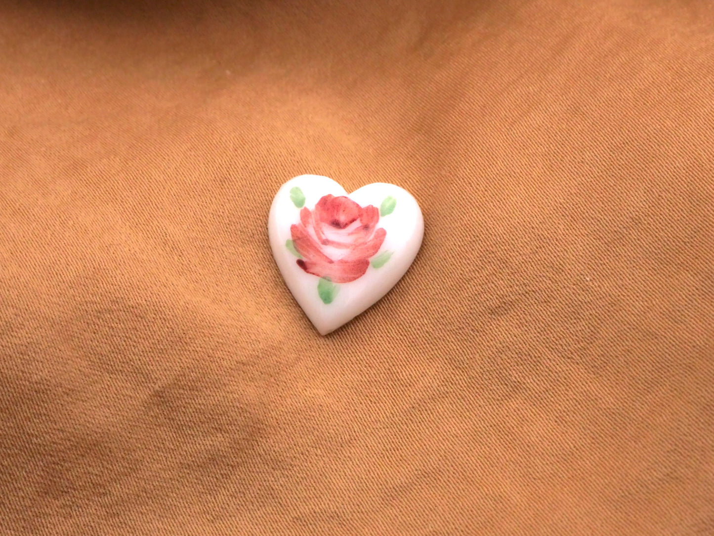 Glass White Heart Hand-Painted Rose Pair of Buttons 14x15mm