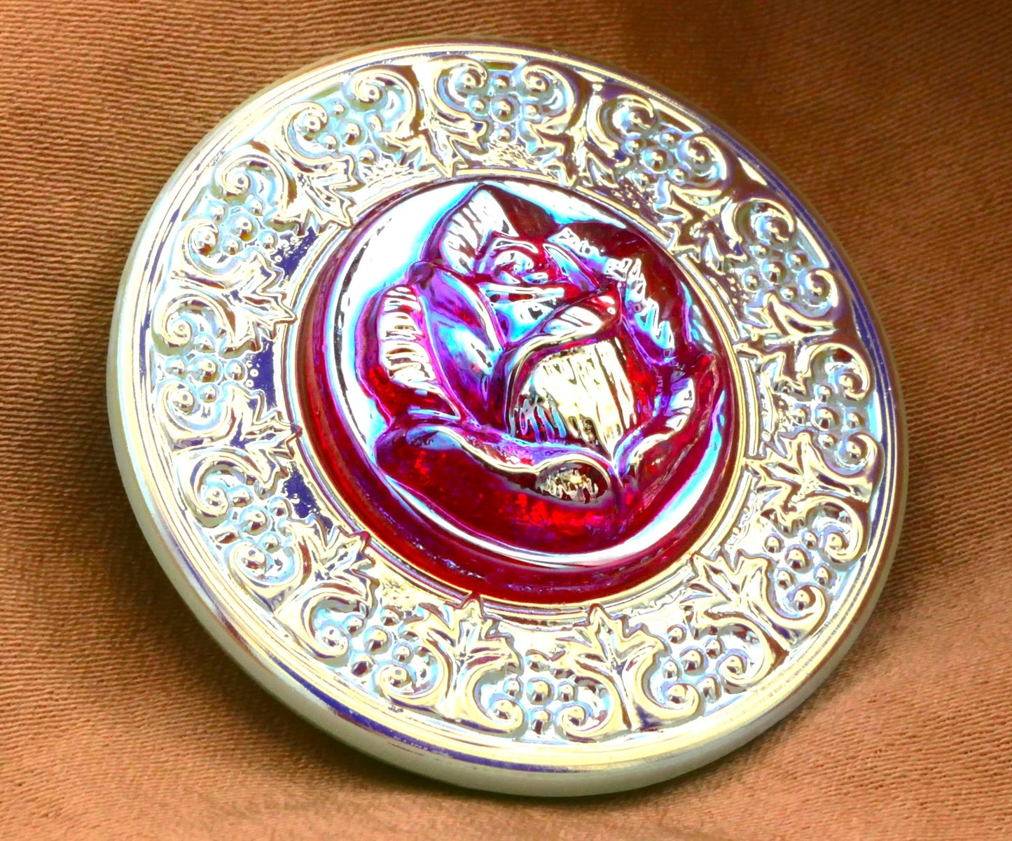 Czech Glass Rose Pink Jade Green Iridescent Large Button 34mm