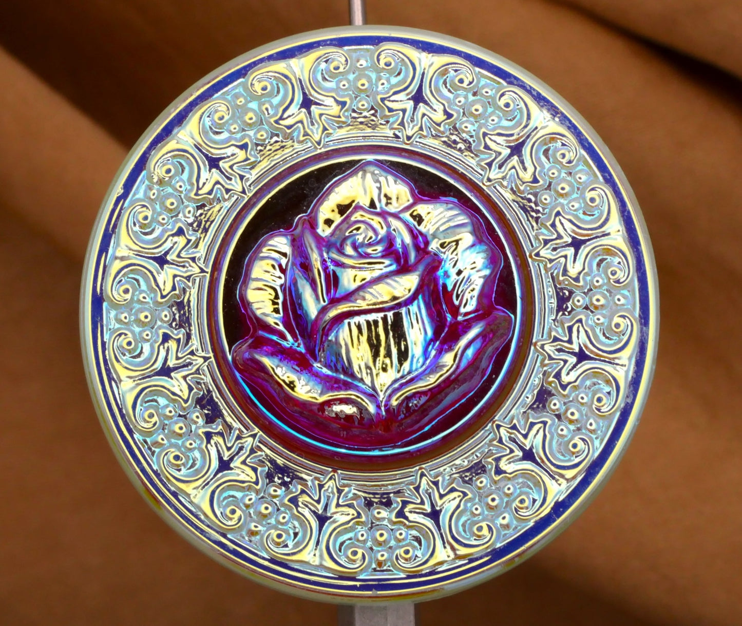 Czech Glass Rose Pink Jade Green Iridescent Large Button 34mm