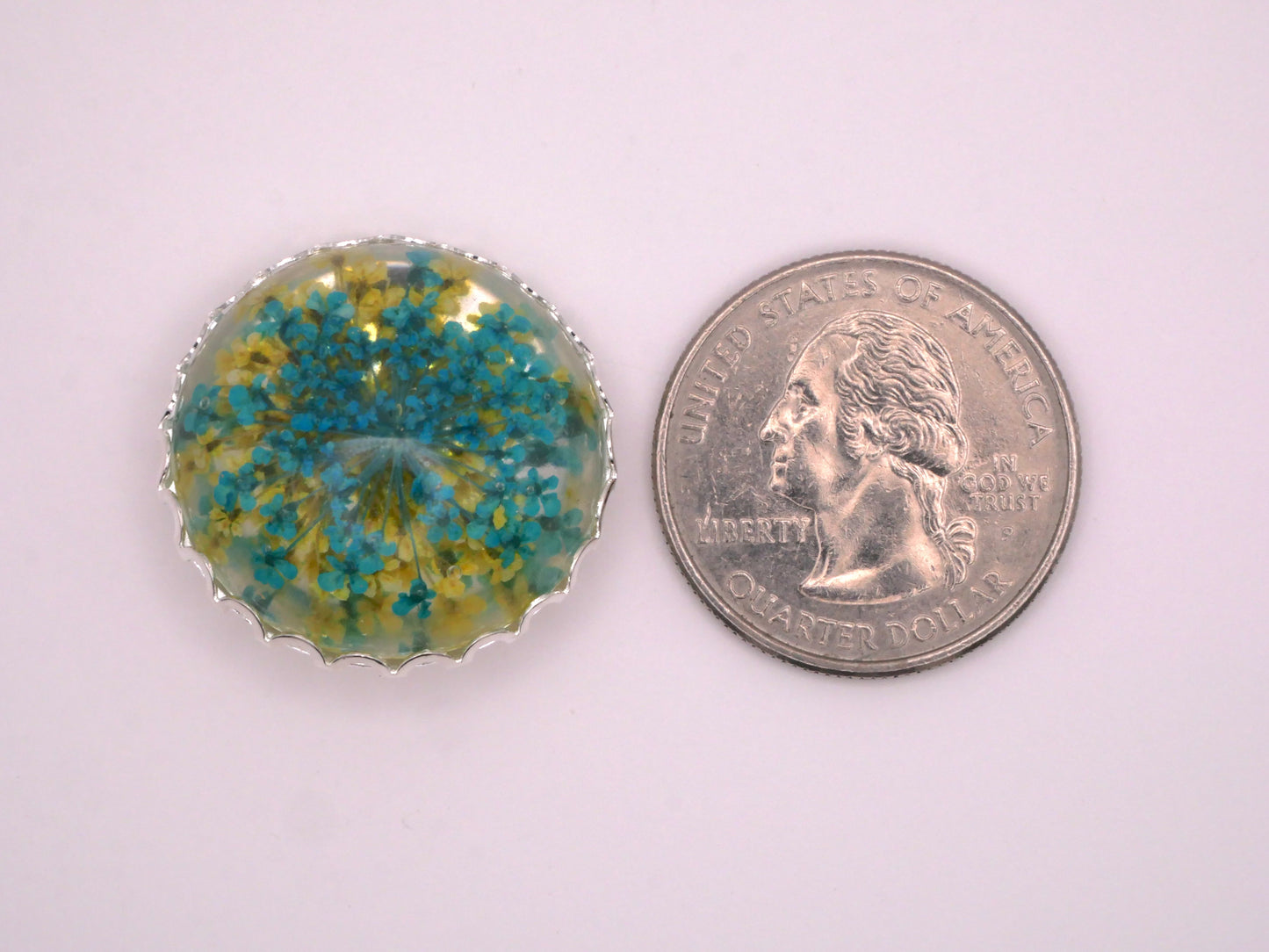 Habitat Aquamarine Green Yellow Real Flowers Plastic Dome Metal Button 26mm