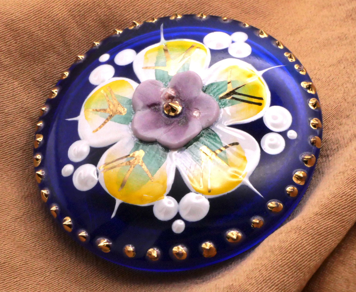 Hand-Painted Flower Blue Czech Glass Large Button 36mm