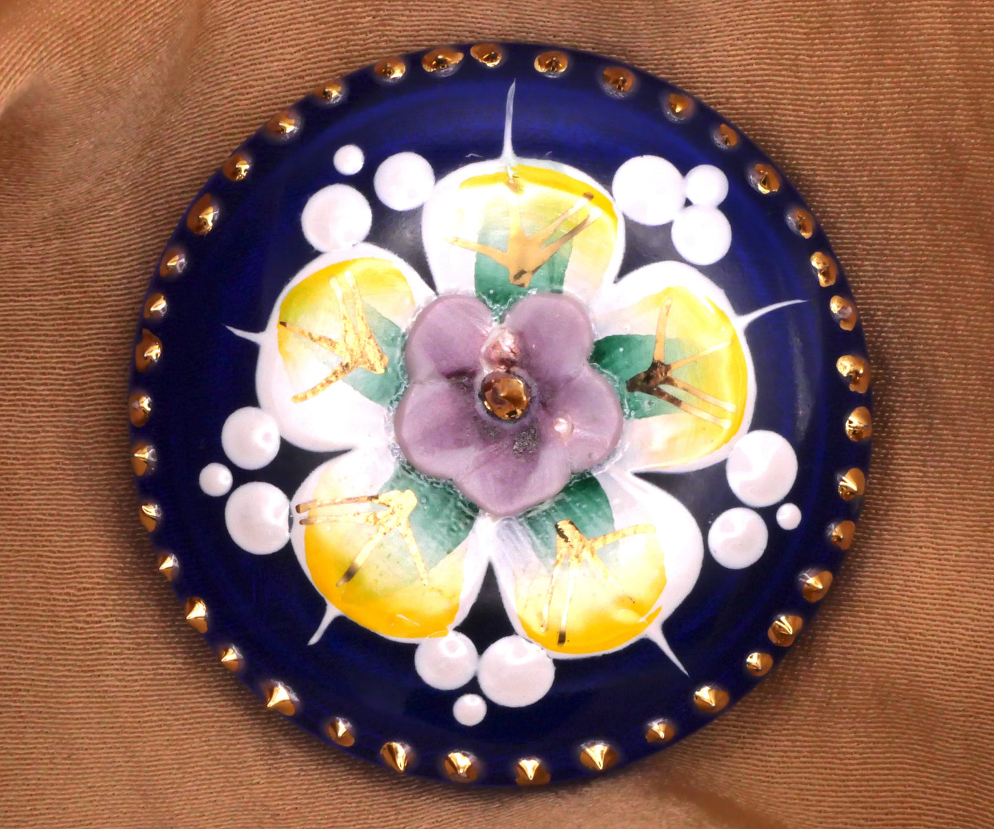 Hand-Painted Flower Blue Czech Glass Large Button 36mm