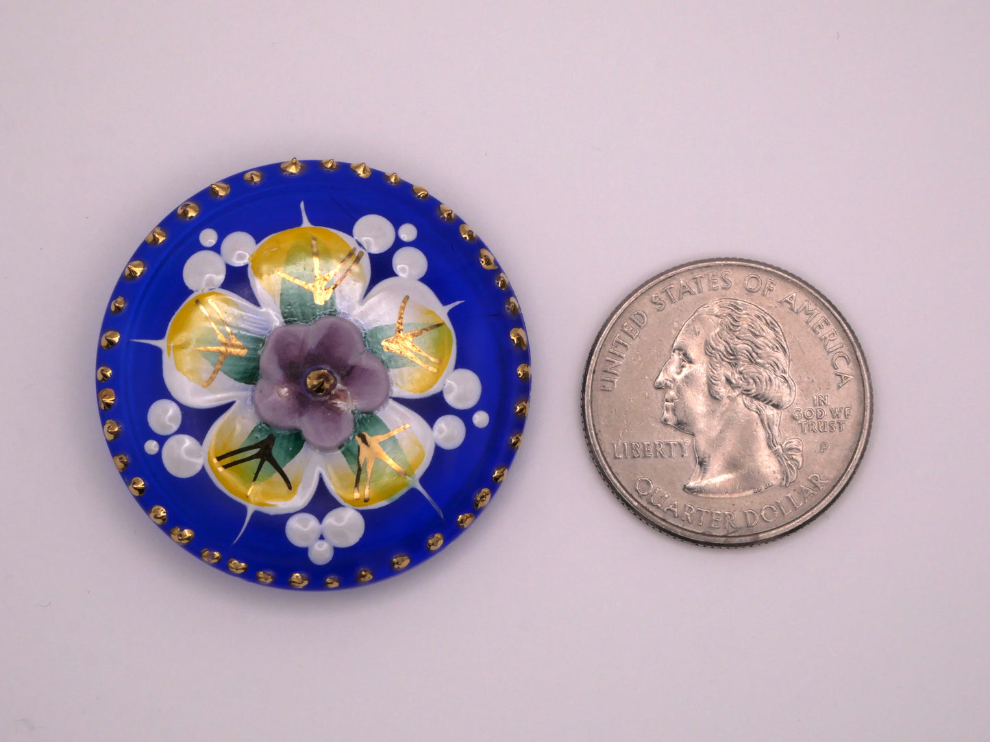 Hand-Painted Flower Blue Czech Glass Large Button 36mm