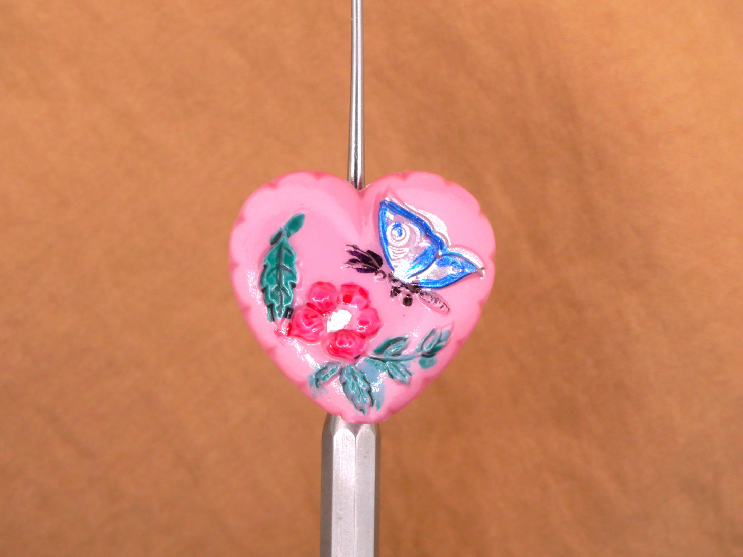 Czech Glass Pink Heart Butterfly Flower Button 21x23mm