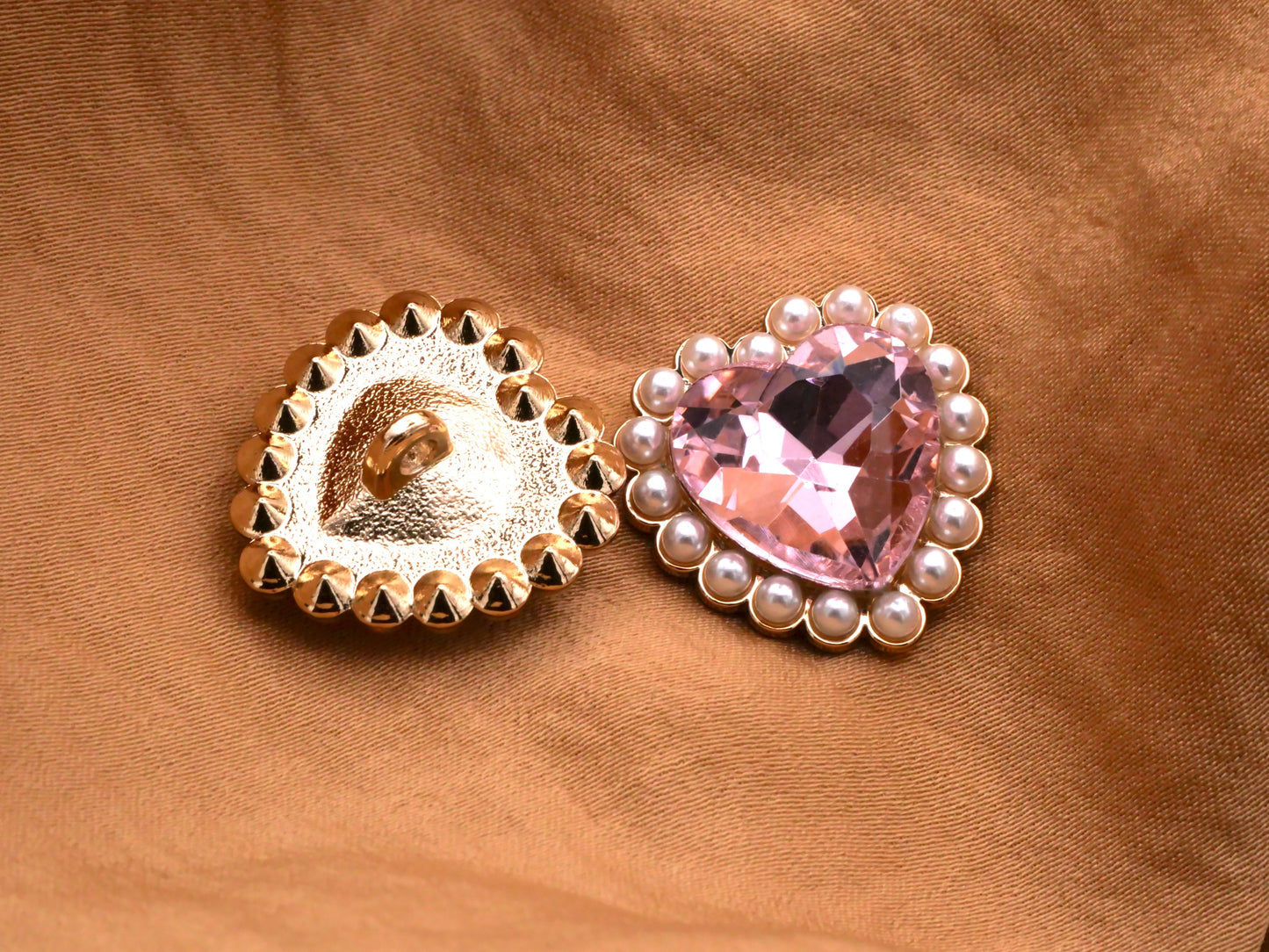 Rhinestone Pearl Pink Heart Gold Metal Button 20mm