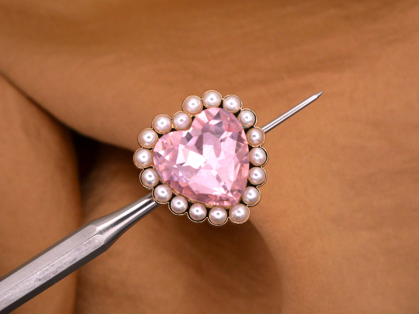 Rhinestone Pearl Pink Heart Gold Metal Button 20mm
