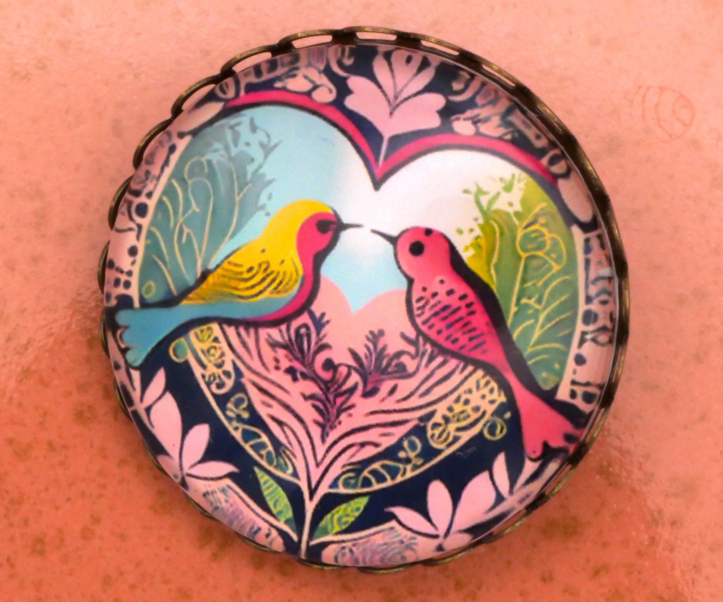 Lovebirds Heart Large Glass Dome Button Lace Frame 31mm