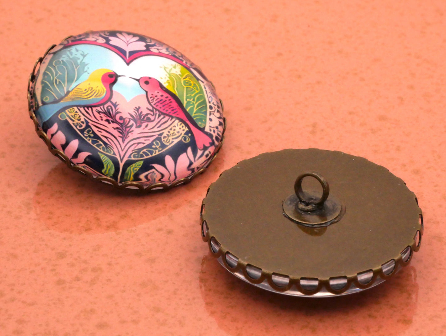 Lovebirds Heart Large Glass Dome Button Lace Frame 31mm