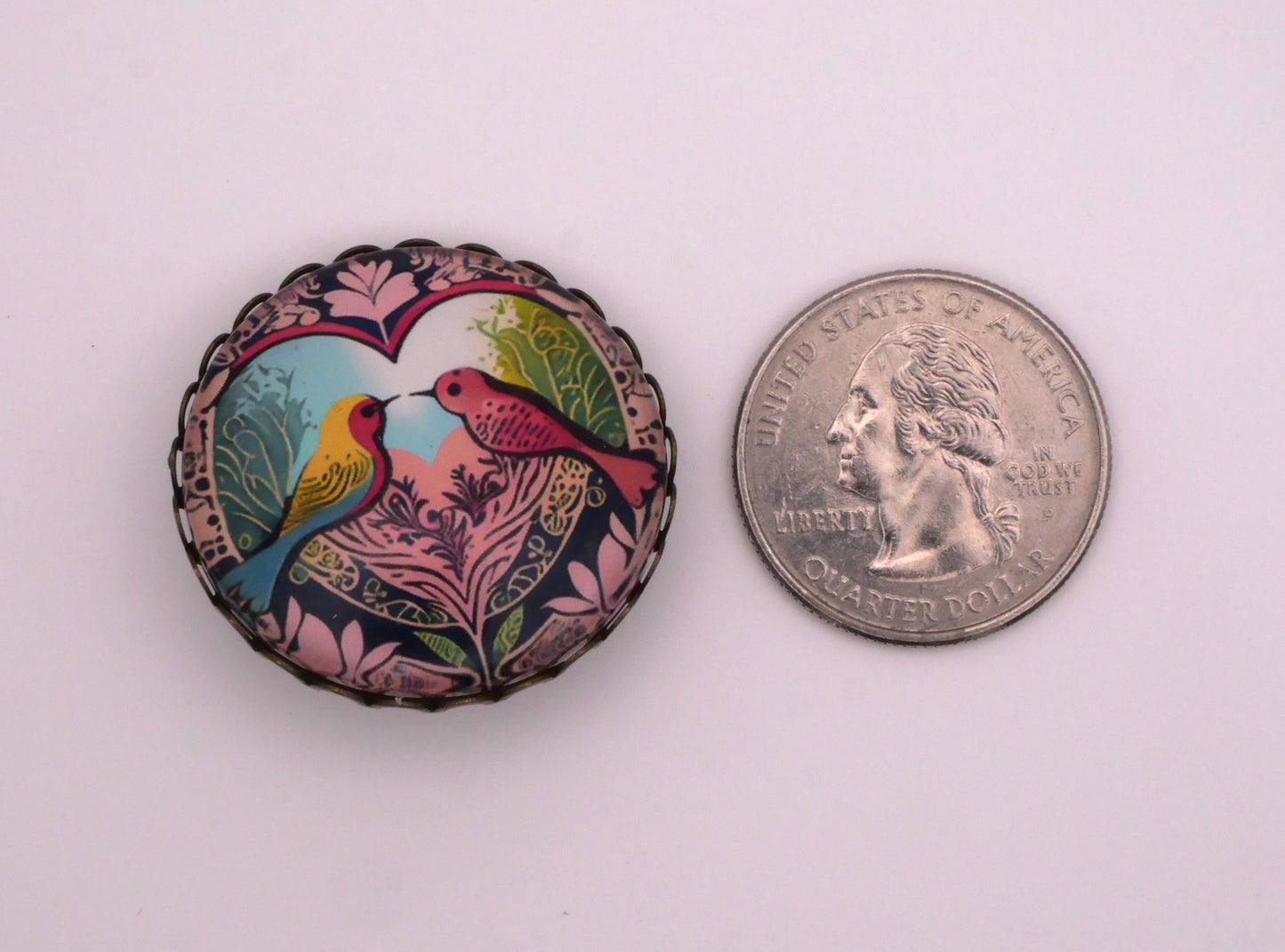 Lovebirds Heart Large Glass Dome Button Lace Frame 31mm