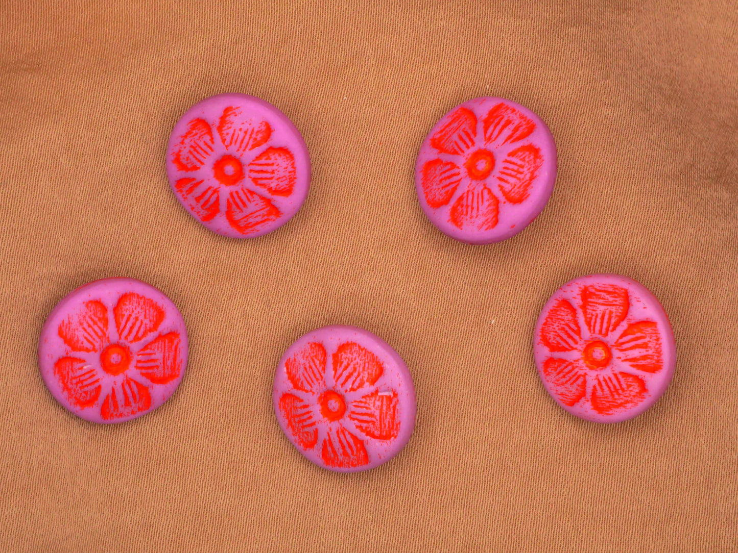 Fuchsia Orange Stamped Flower Plastic Buttons Pair 15mm