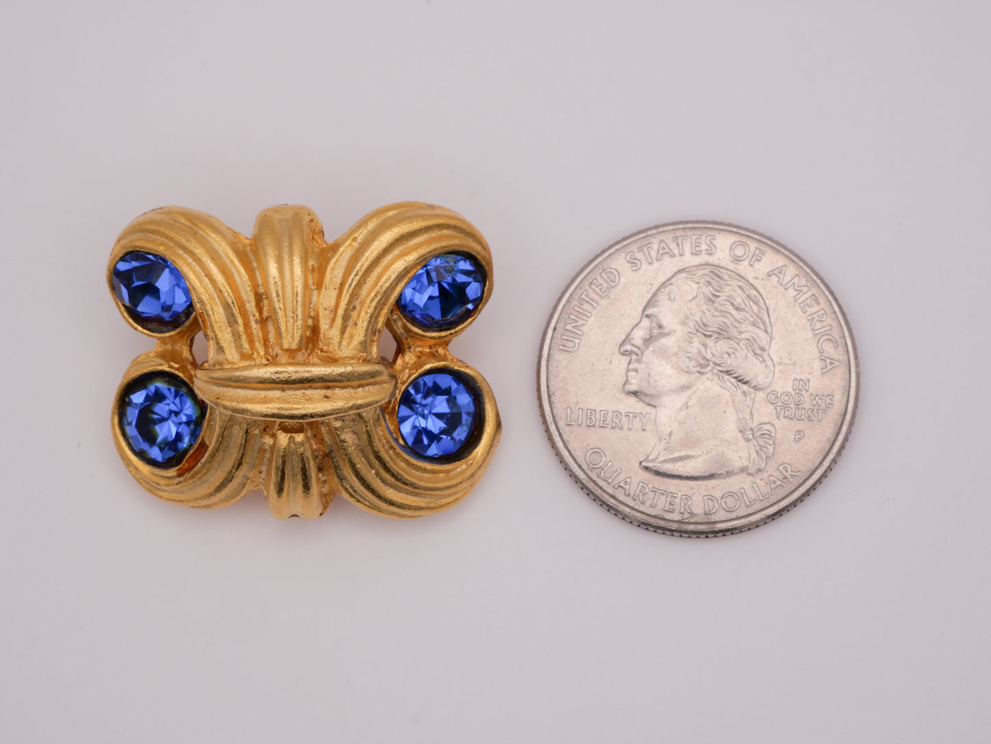 Scroll Filigree Sapphire Blue Rhinestone Gold Brass Metal Vintage Button 24x29mm