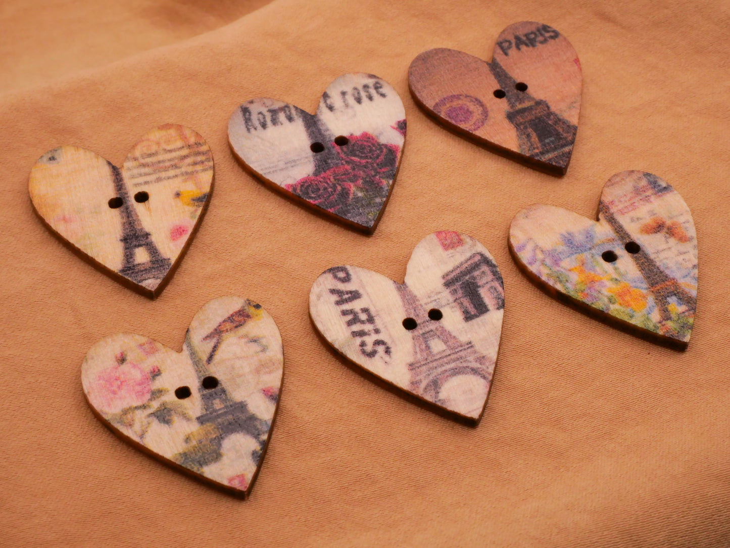 Paris France Eiffel Tower Heart Wood Sew-Thru Button Various 25x28mm