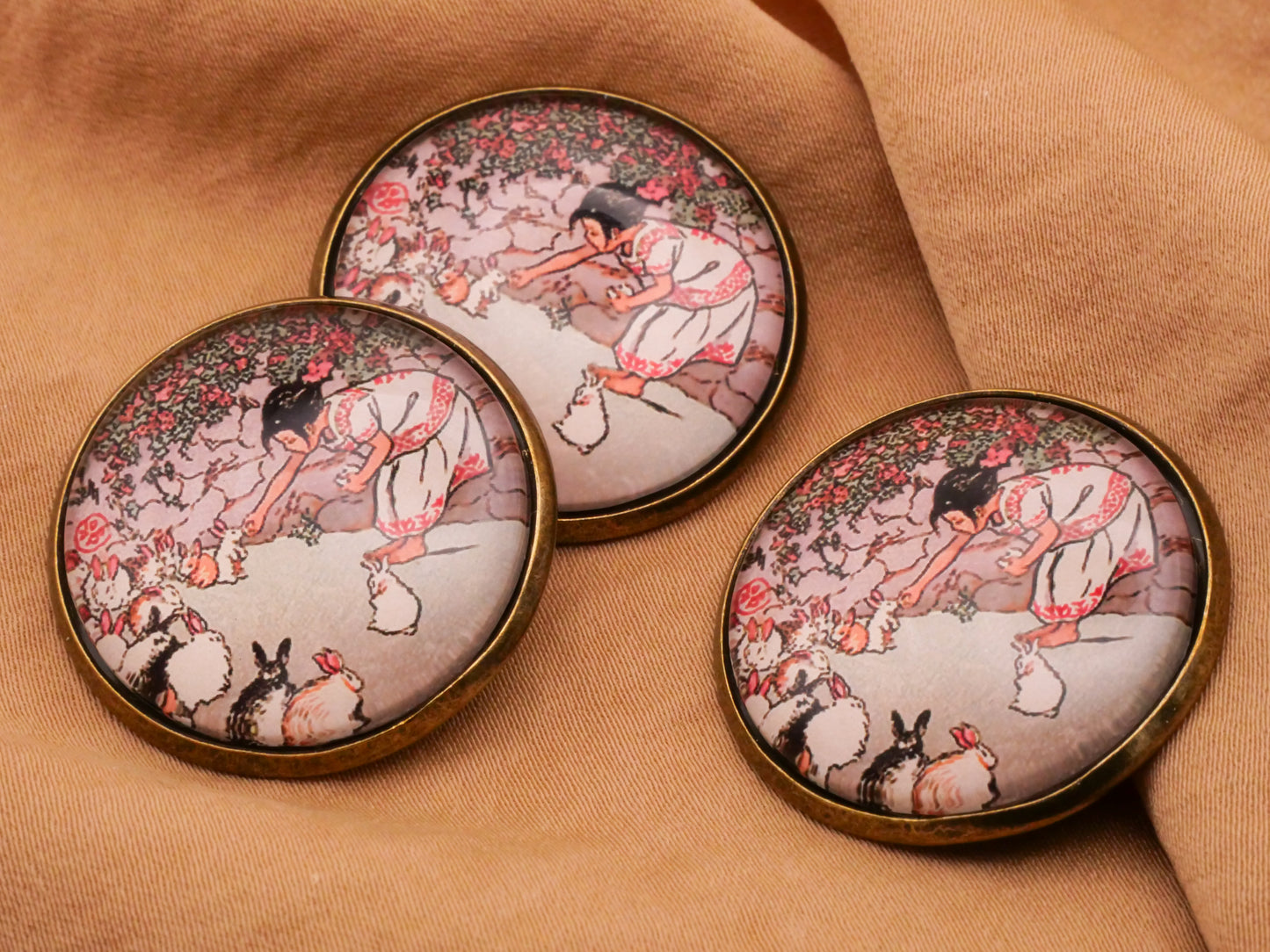 Girl Feeding Bunny Rabbits Vintage Graphic Glass Dome Metal Button 28mm