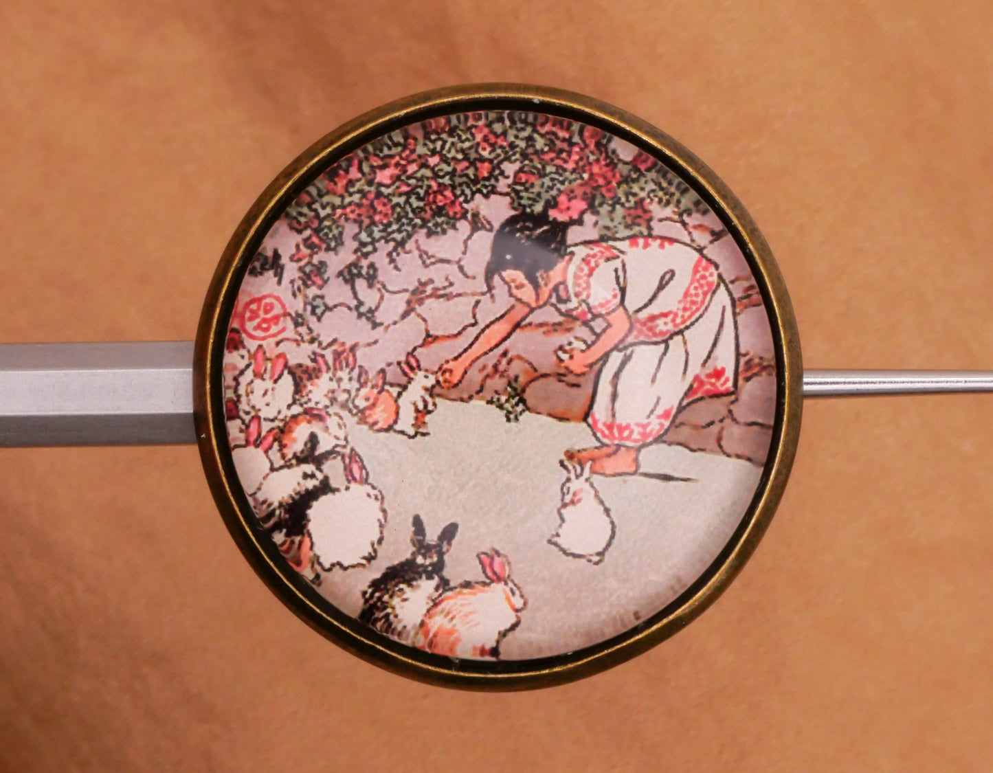Girl Feeding Bunny Rabbits Vintage Graphic Glass Dome Metal Button 28mm