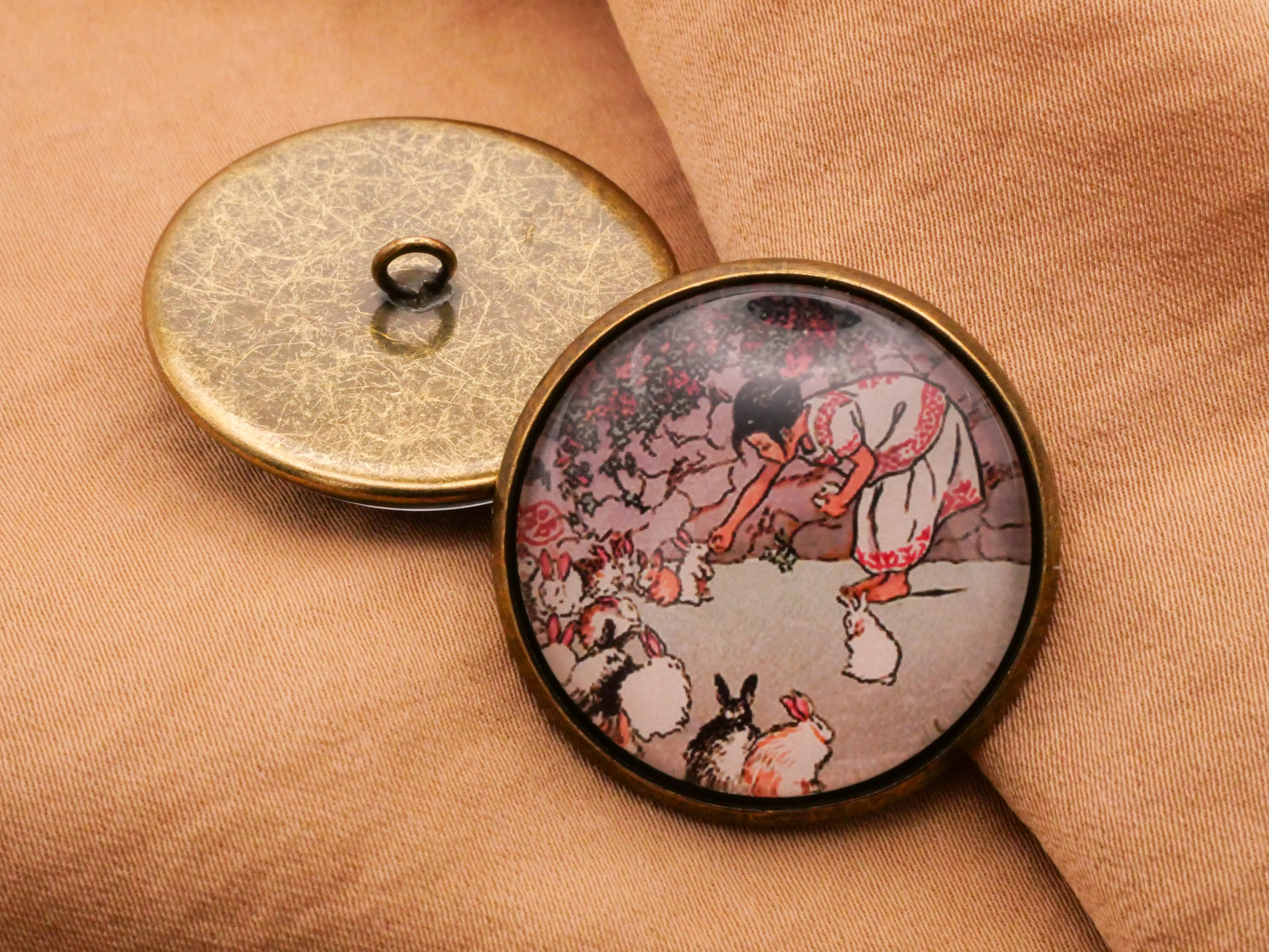 Girl Feeding Bunny Rabbits Vintage Graphic Glass Dome Metal Button 28mm