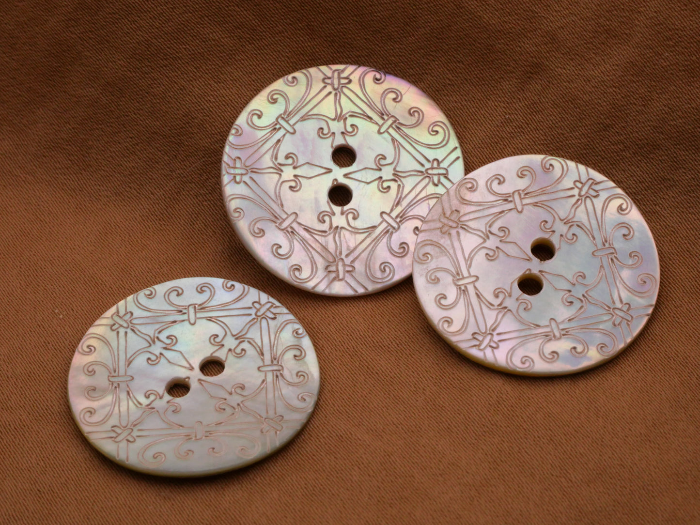 Mother of Pearl Etched Ironwork Look Design Sew-Thru Button 23mm