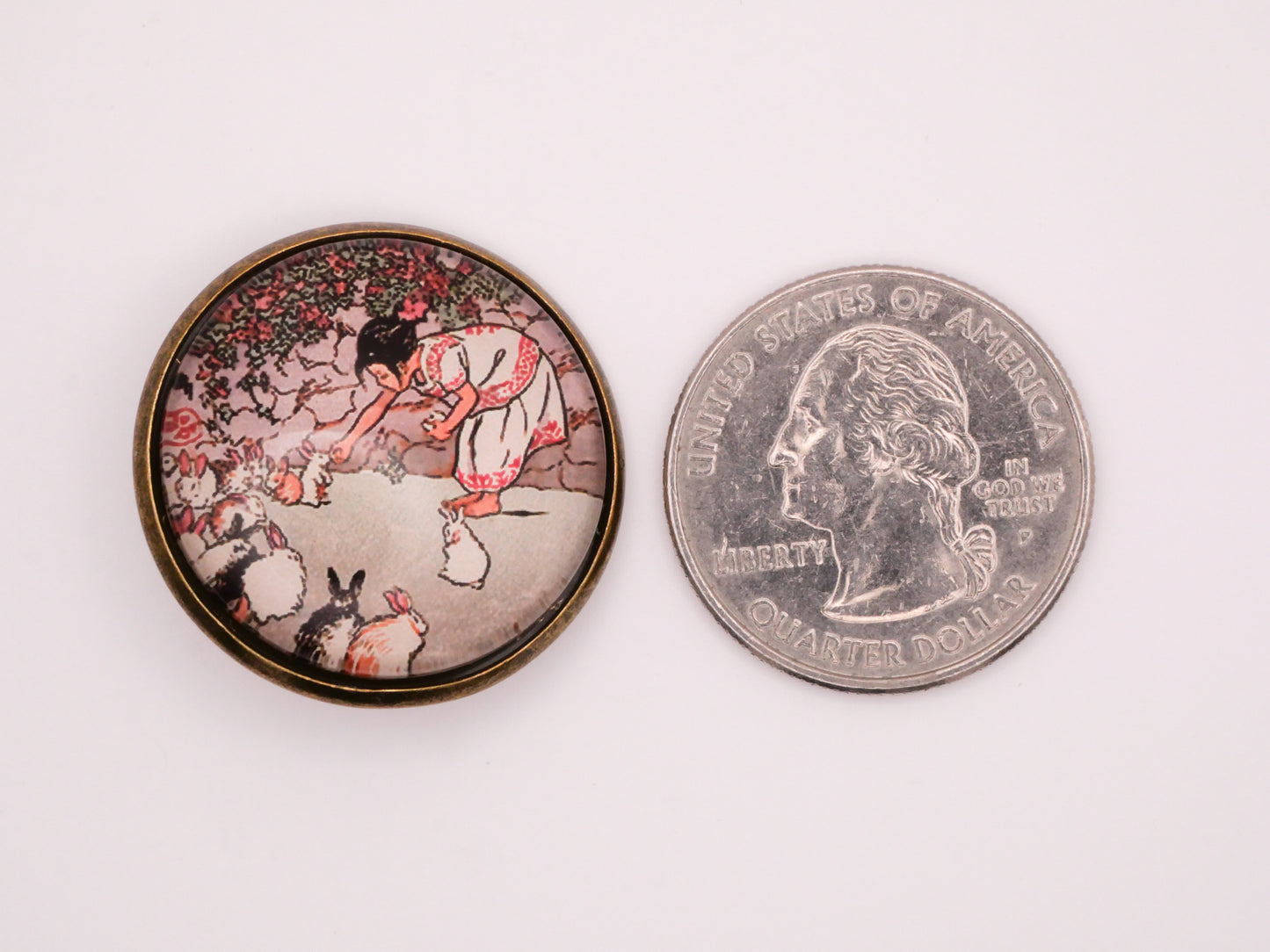 Girl Feeding Bunny Rabbits Vintage Graphic Glass Dome Metal Button 28mm