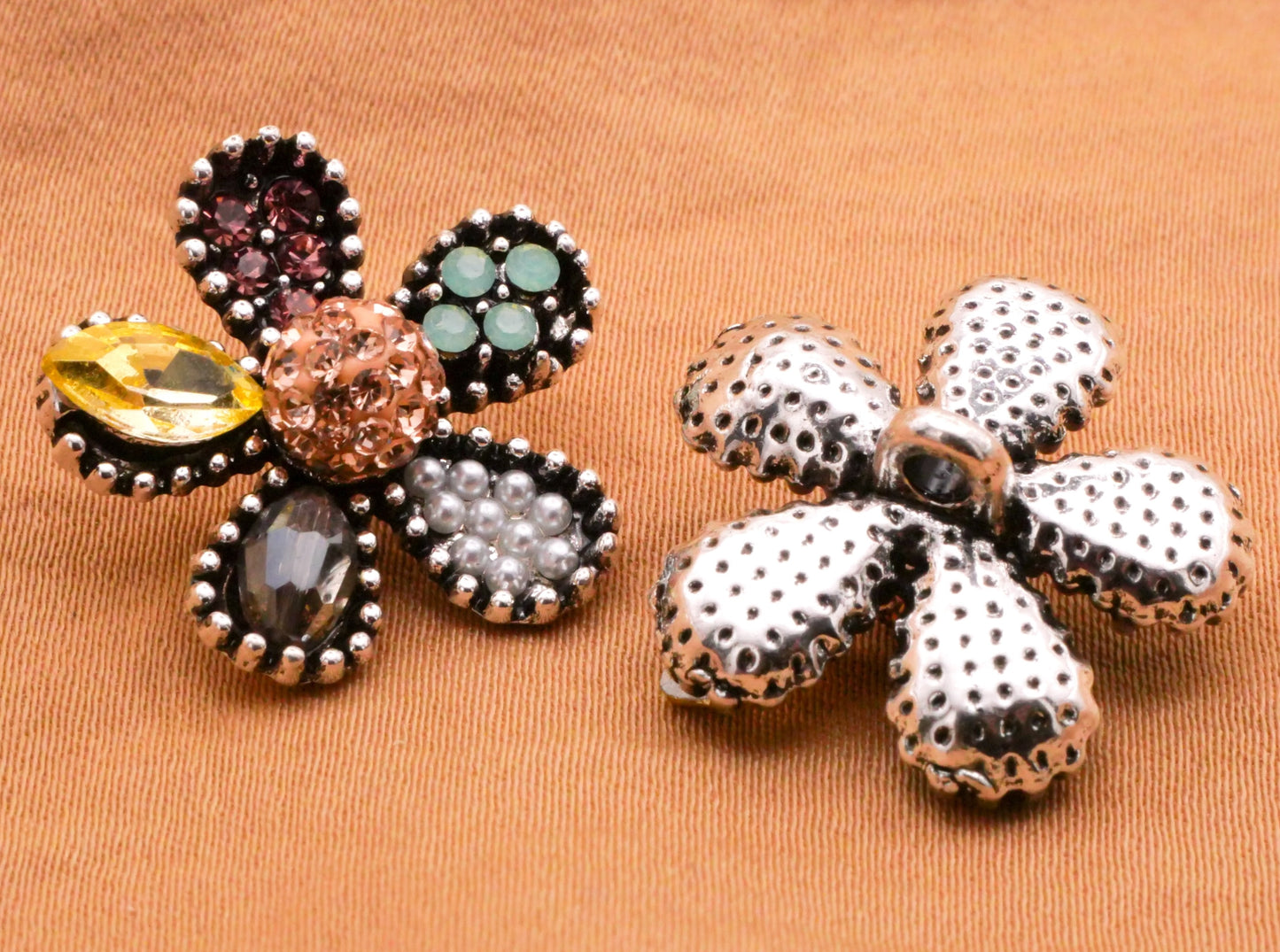 Patchwork Flower Rhinestone Pave Pearl Metal Button 21mm