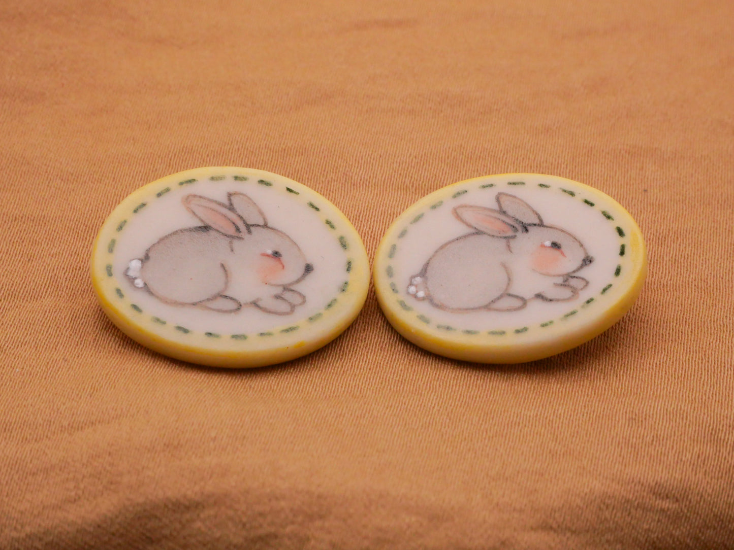 Bunny Rabbit Hand-Painted Yellow Green Stitch Edge Porcelain Button 18x22mm