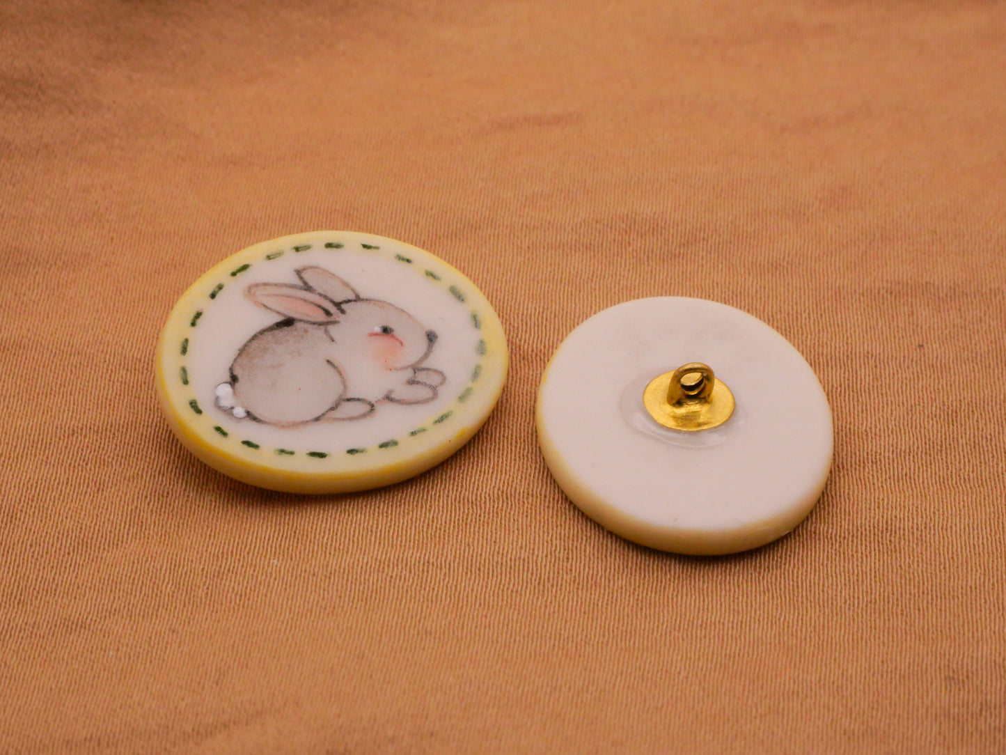 Bunny Rabbit Hand-Painted Yellow Green Stitch Edge Porcelain Button 18x22mm