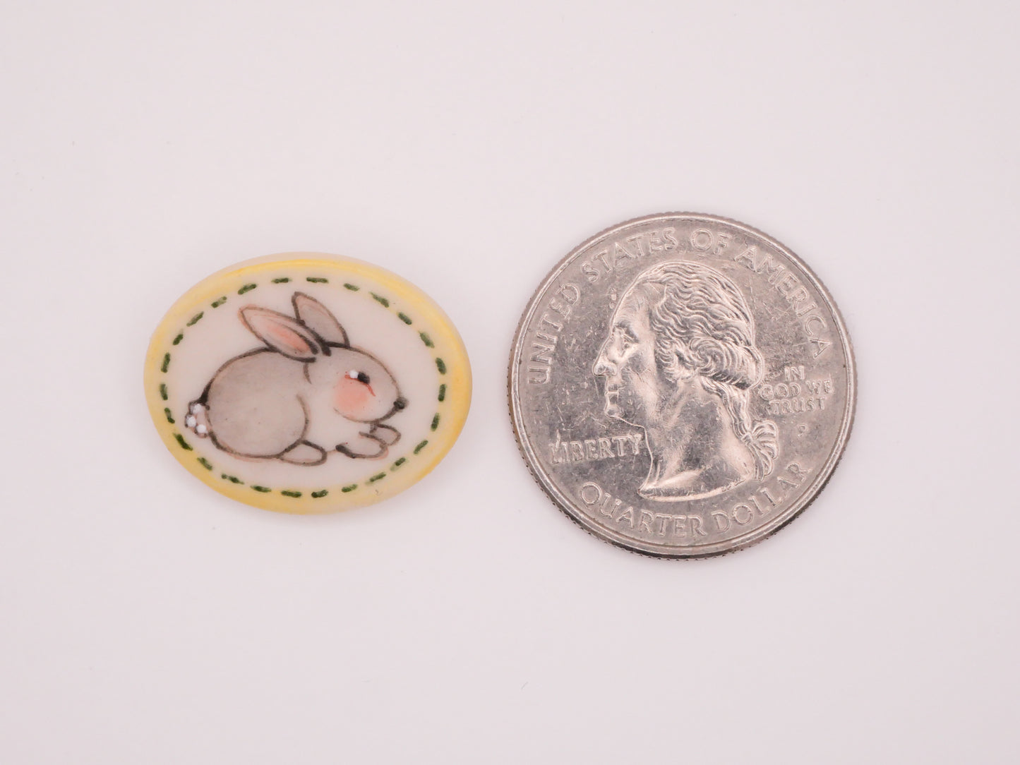 Bunny Rabbit Hand-Painted Yellow Green Stitch Edge Porcelain Button 18x22mm