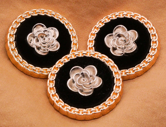 Rose Chain Velvet Silver Gold Metal Button 25mm