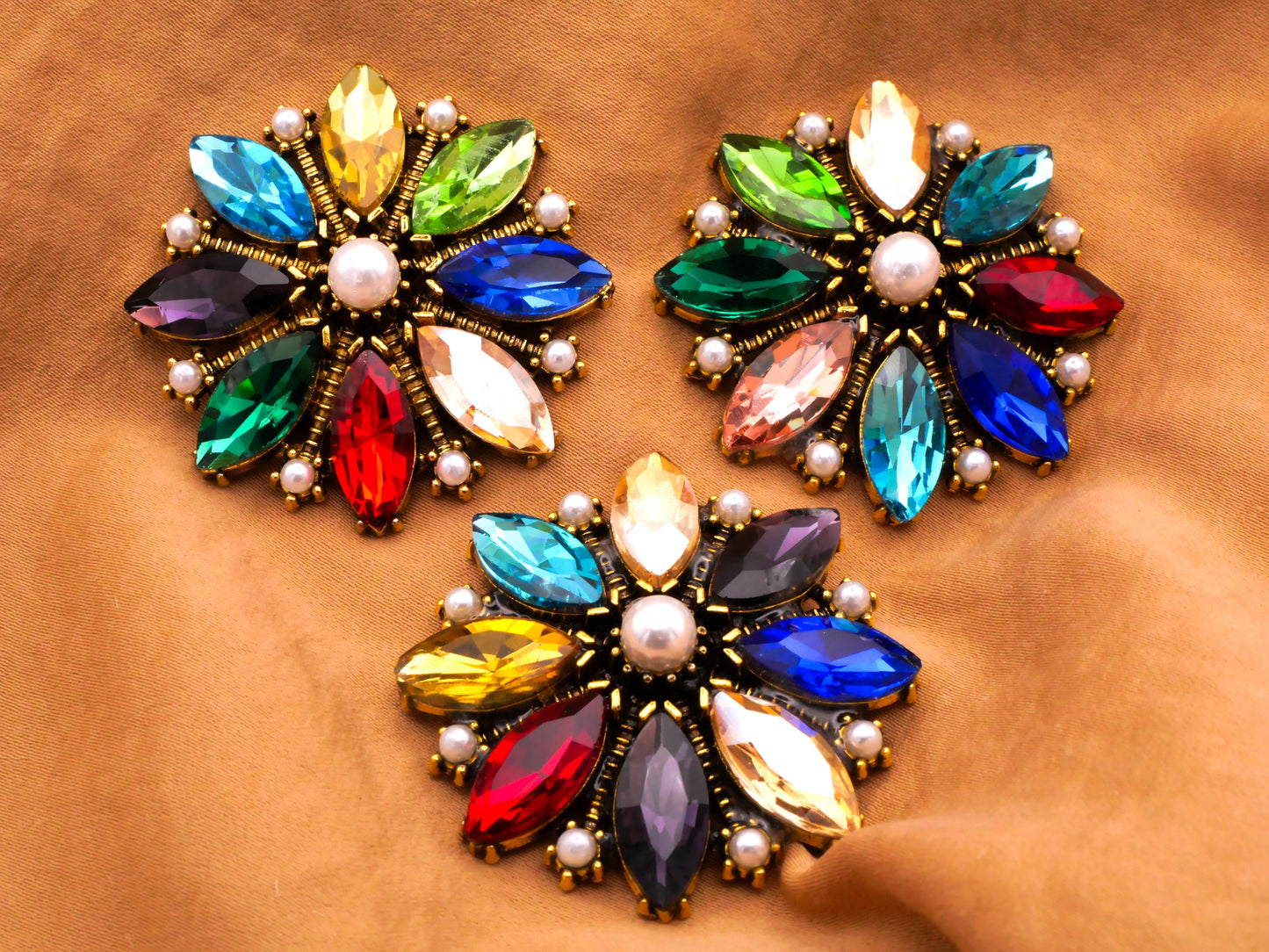 Festival Multi-Color Rhinestone Pearl Flower Large Button 42mm