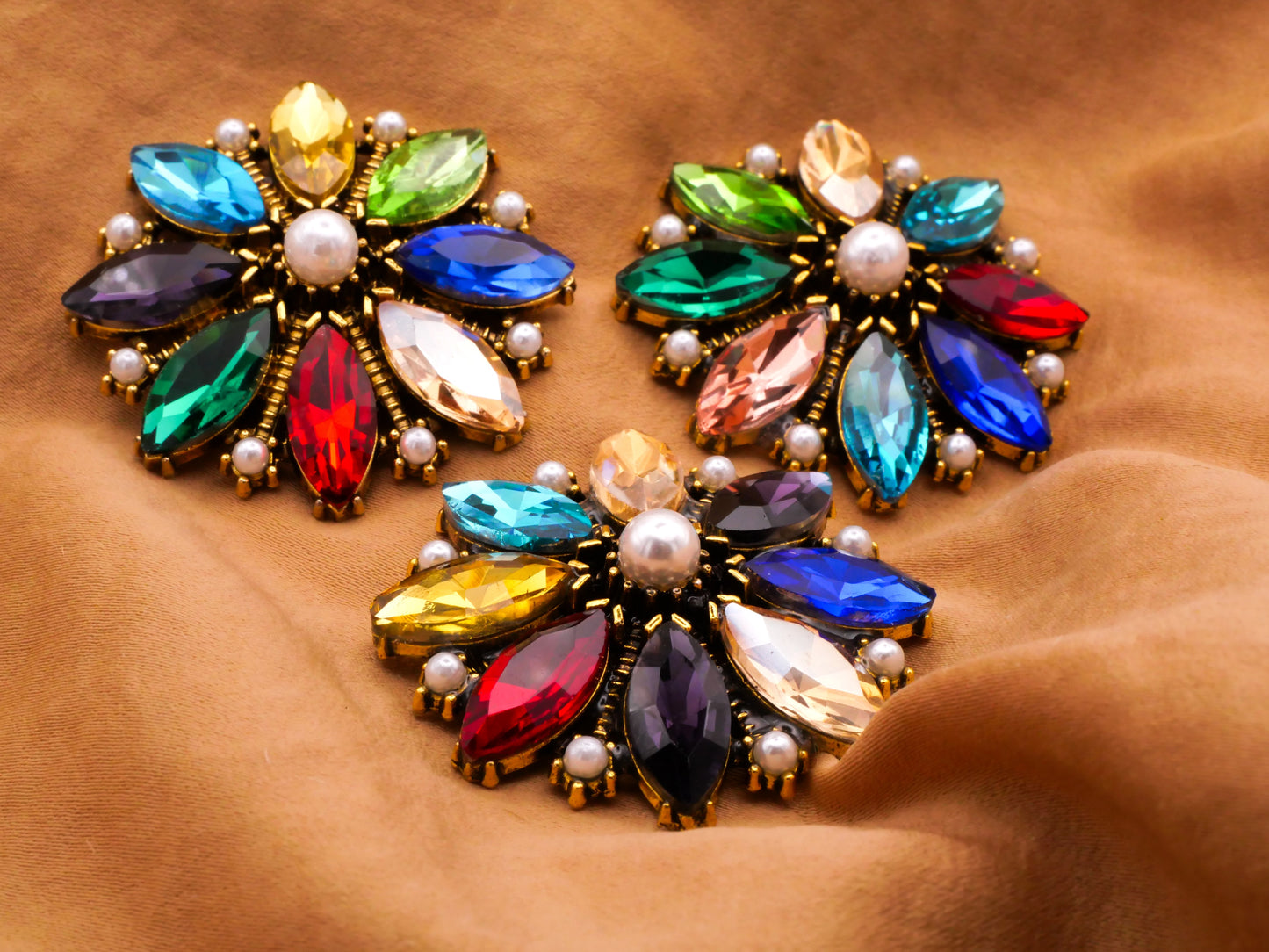 Festival Multi-Color Rhinestone Pearl Flower Large Button 42mm