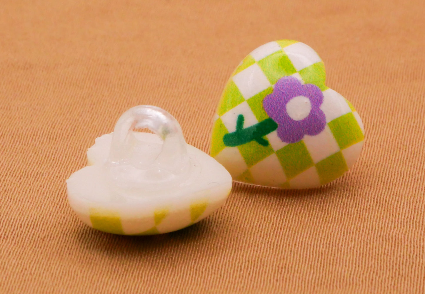 Heart Checkered Flower Daisy Lime Green Purple Plastic Set of Three Buttons 13x14mm