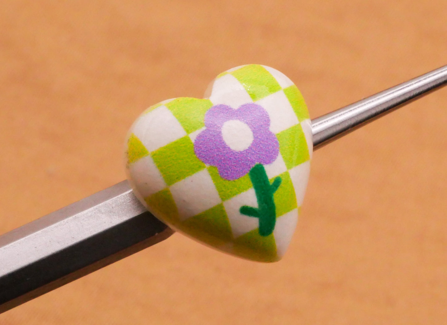 Heart Checkered Flower Daisy Lime Green Purple Plastic Set of Three Buttons 13x14mm