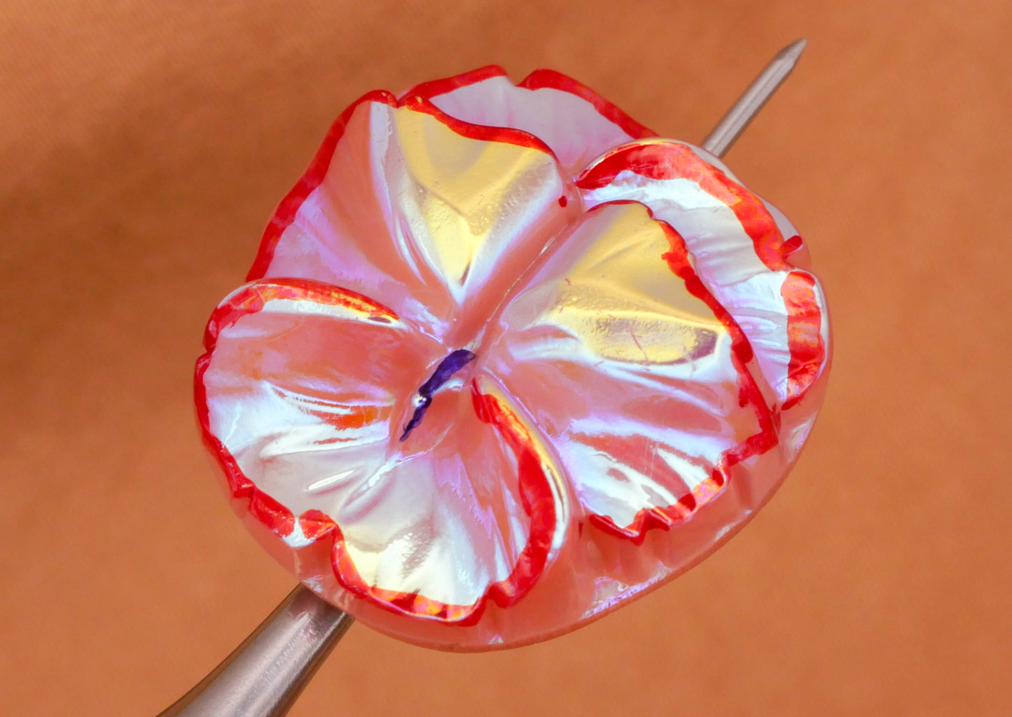 Pansy Czech Glass Iridescent Mint Pink Flower Button 22x23mm