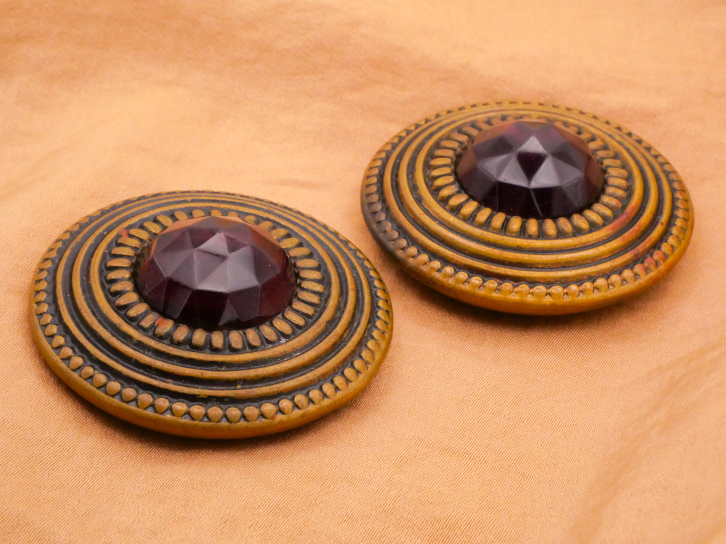 Gay 90s Wine Purple Faceted Glass Brass Bronze Metal Antique Large Button Various 42mm