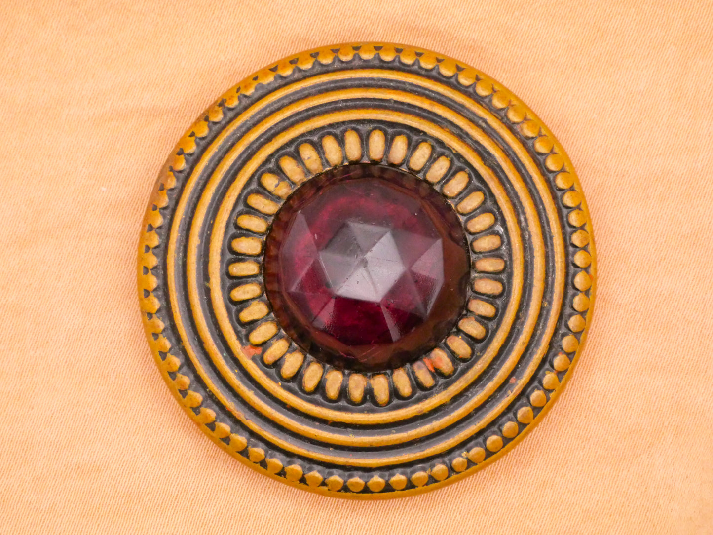 Gay 90s Wine Purple Faceted Glass Brass Bronze Metal Antique Large Button Various 42mm