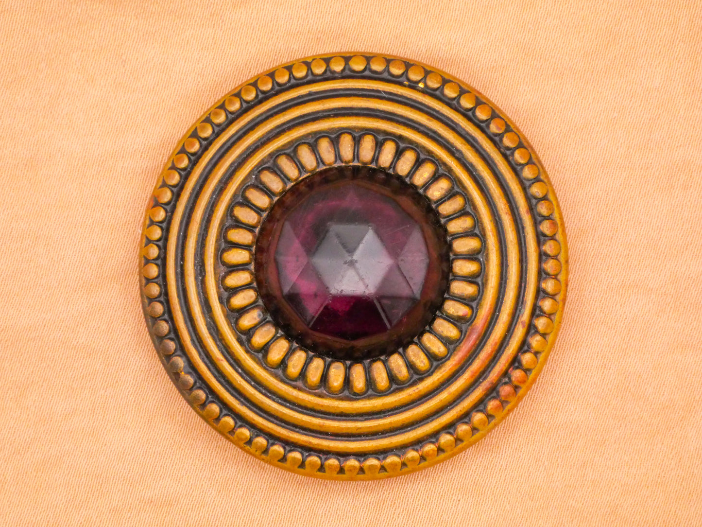 Gay 90s Wine Purple Faceted Glass Brass Bronze Metal Antique Large Button Various 42mm