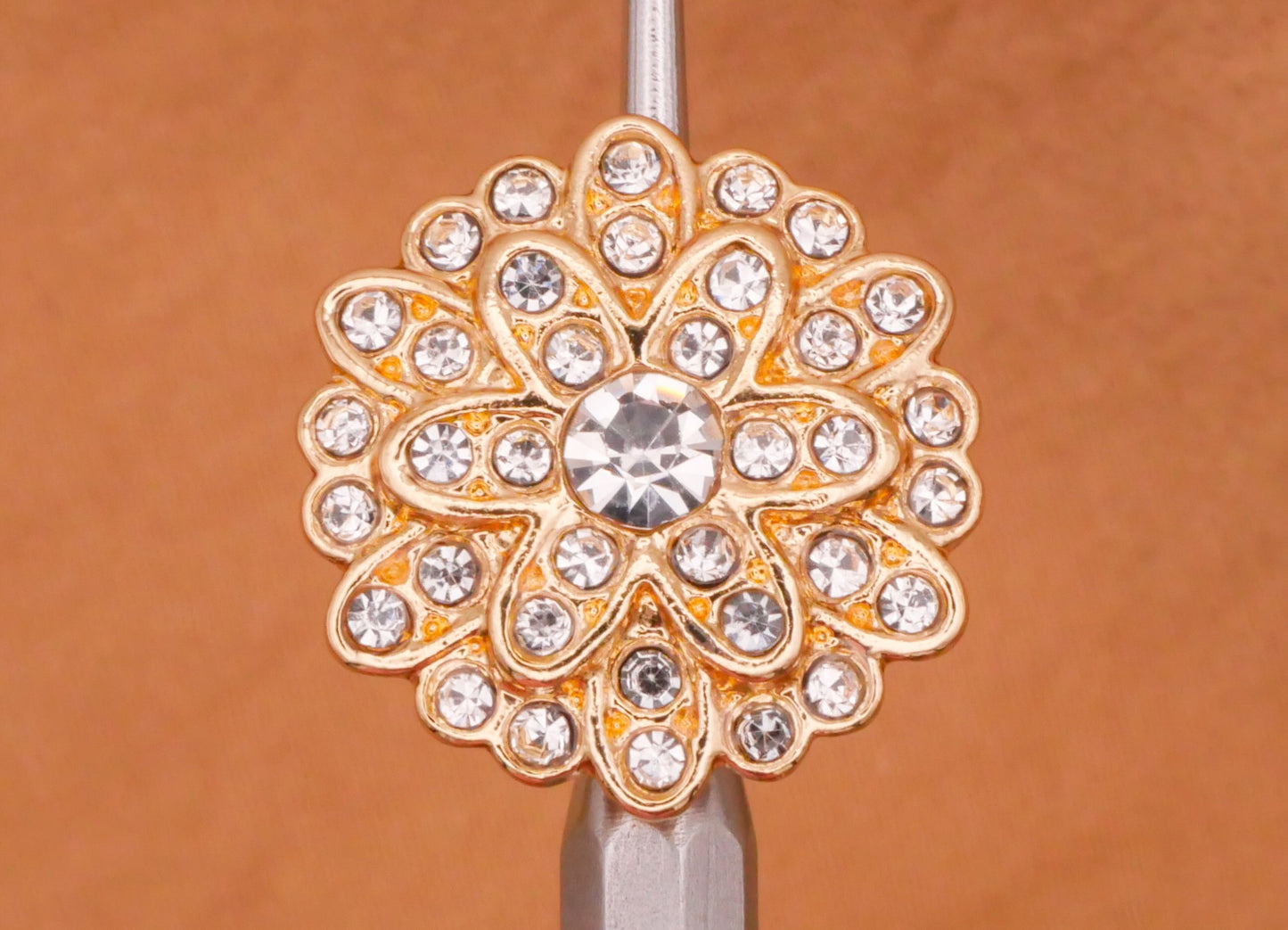 Flower Rhinestone Center Pave Gold Metal Button 17mm