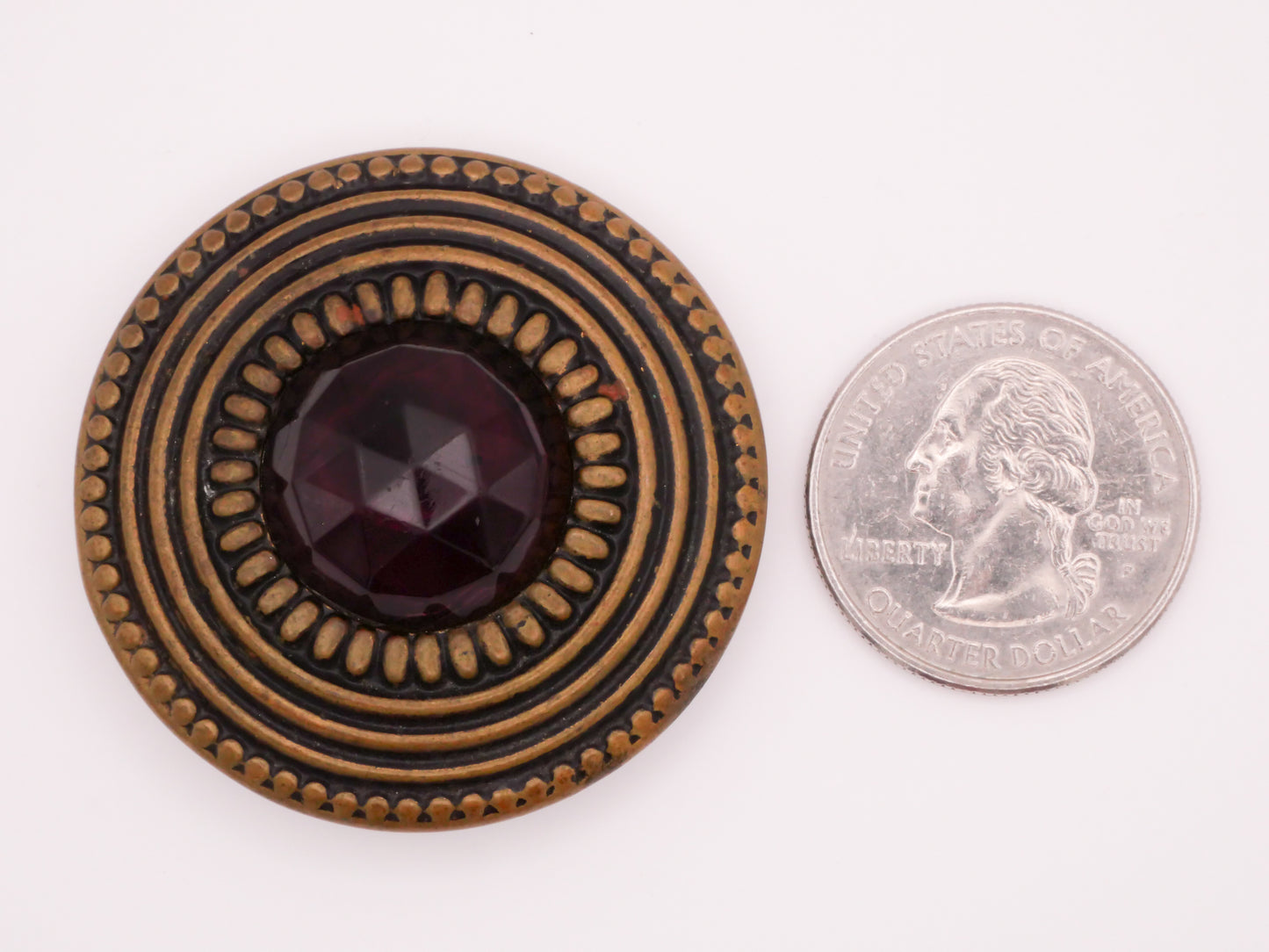 Gay 90s Wine Purple Faceted Glass Brass Bronze Metal Antique Large Button Various 42mm