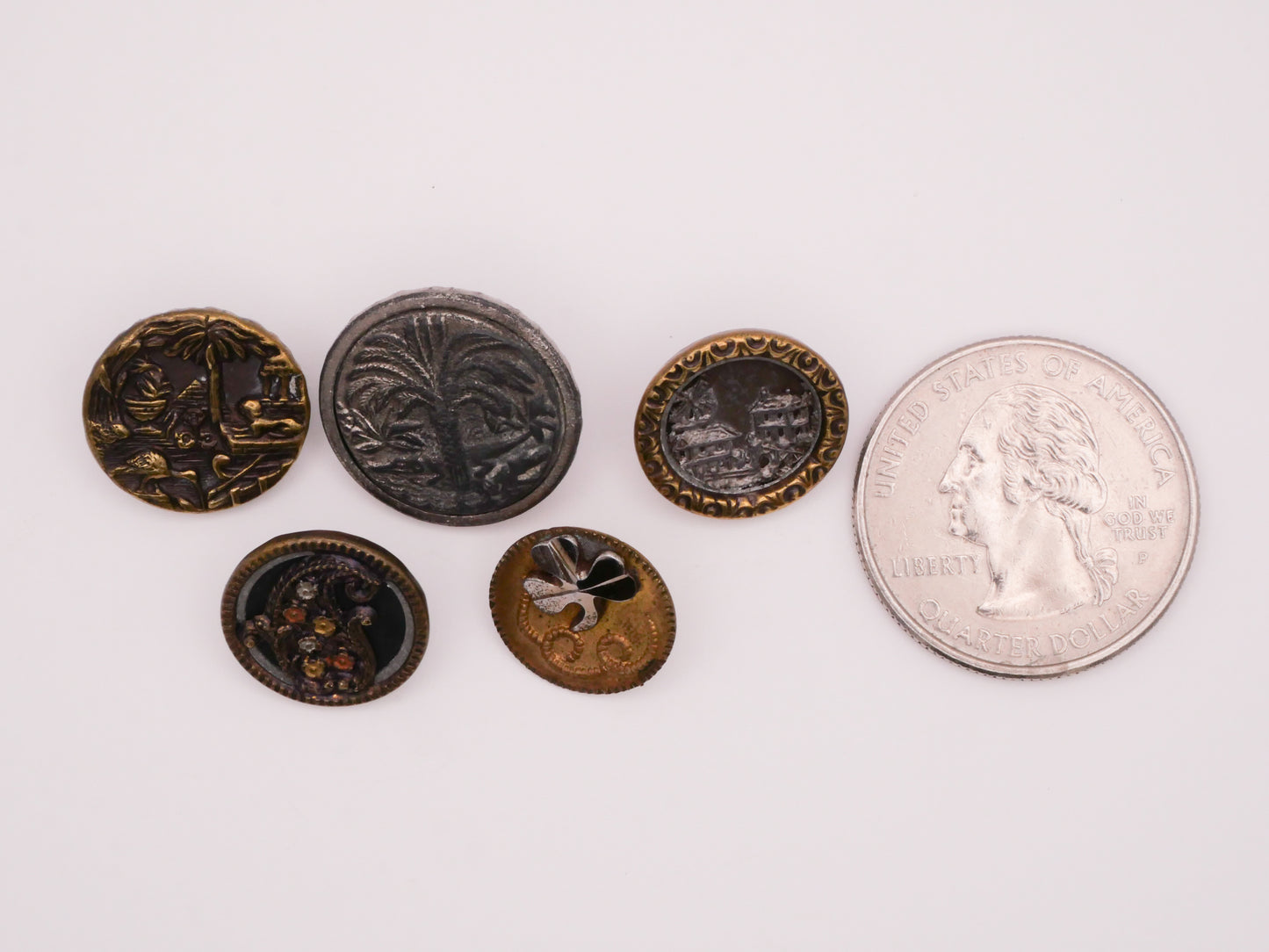 Around the World Egypt Ireland Holland India China Victorian Metal Picture Buttons Various 14-18mm