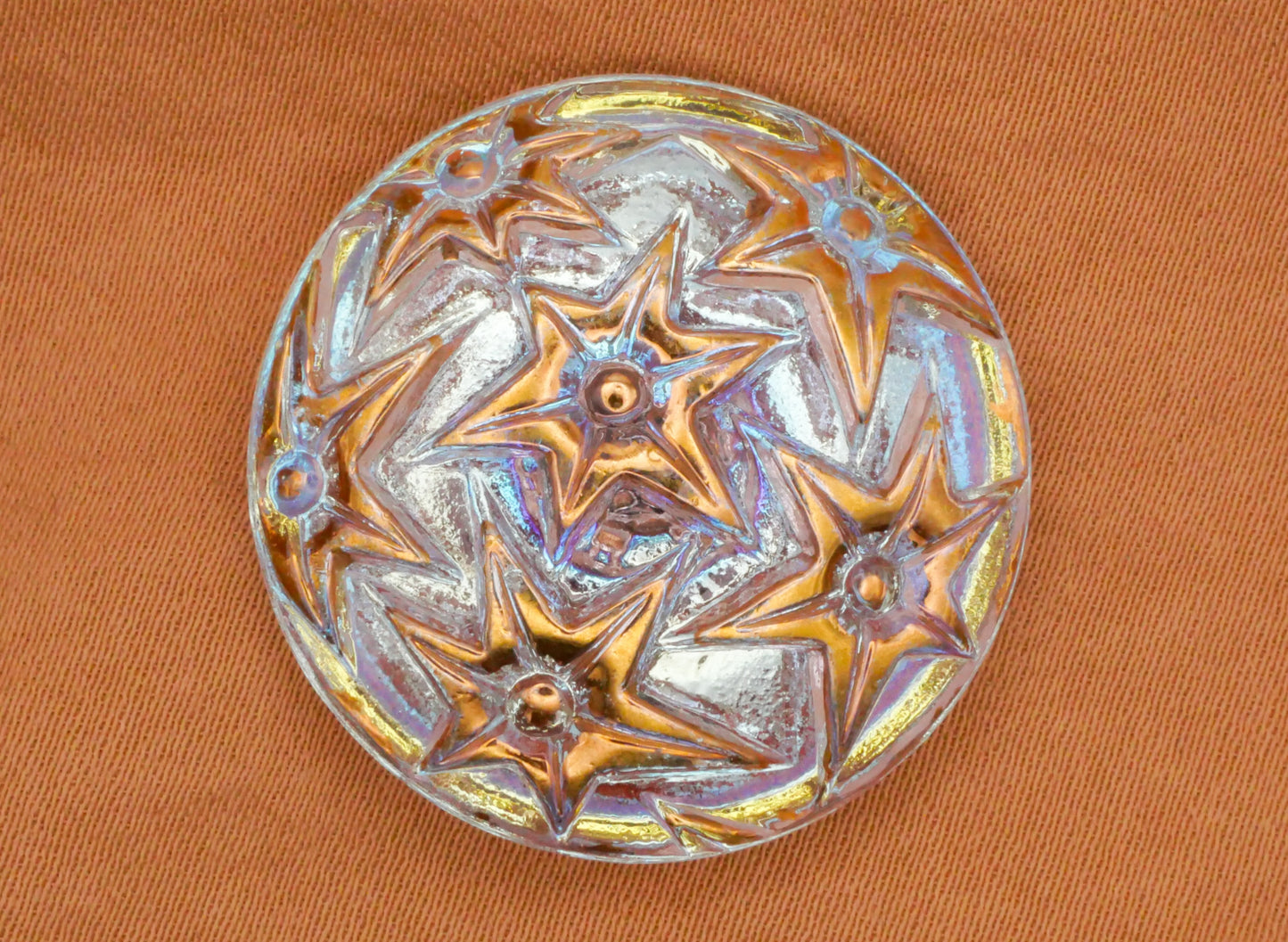 Starburst Stars Czech Glass Iridescent Purple Blue Pink Gold Button 27mm
