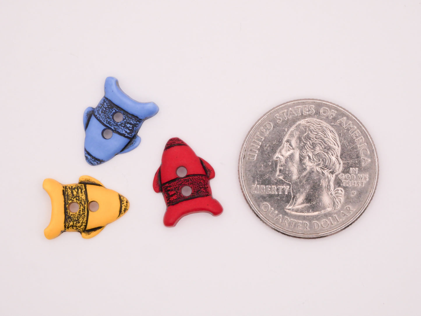Rocket Space Ship Primary Color Plastic Set of Three Buttons 11x15mm