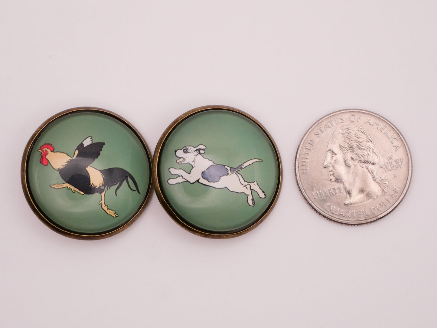 Dog Rooster Chase Glass Dome Metal Pair of Buttons 28mm